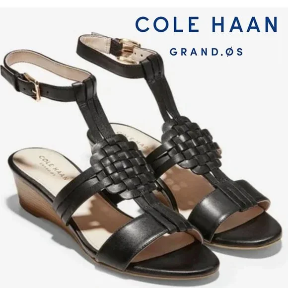 COLE HAAN "Findra" Black Leather Woven Slide Wedge Sandal | Size 9B - Picture 1 of 15